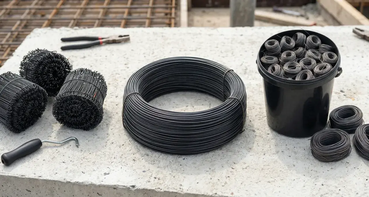 Na betonie leżą zwoje drutu, wiązałka i szczypce. Materiały do wiązania zbrojenia.