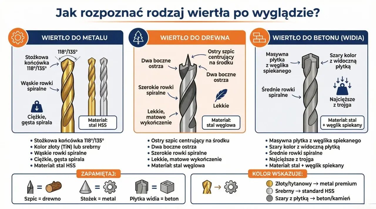 Wiertła do metalu mają stożkową końcówkę 118°/135°, wąskie rowki spiralne i są ciężkie. Złote lub srebrne.