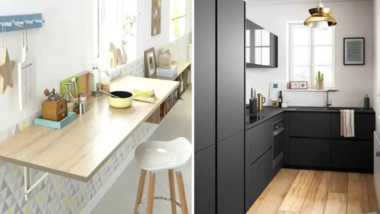Plan petite cuisine : un coin repas clair avec table rabattable et un coin moderne tout en noir.