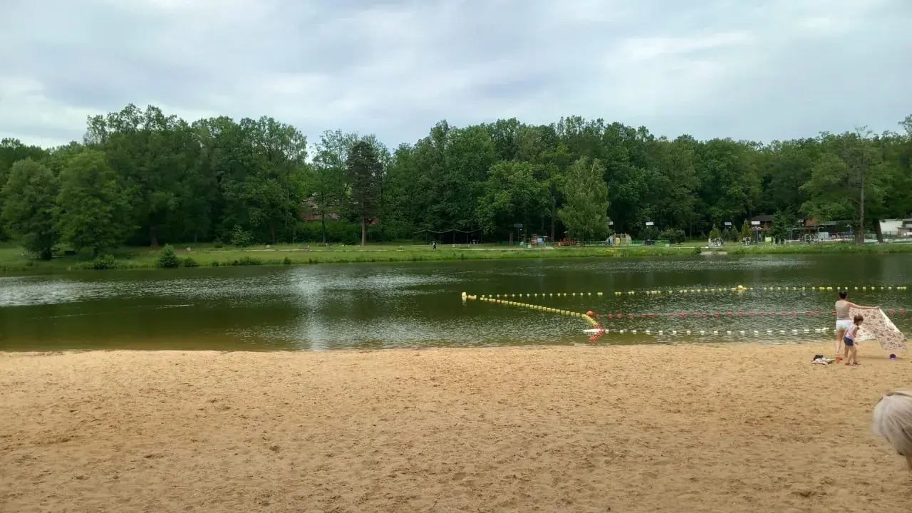 Piękna, piaszczysta plaża w Dziećkowicach zaprasza do wypoczynku nad jeziorem. W tle zielony las i spokojna woda.
