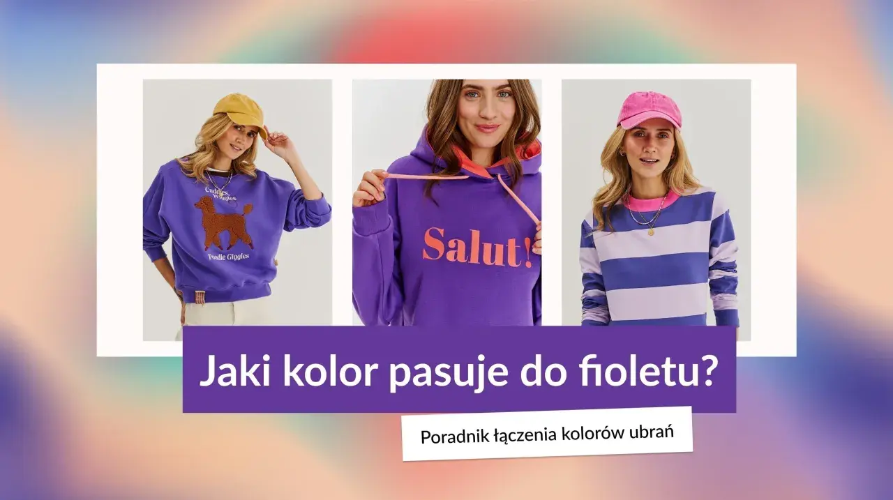 Trzy kobiety prezentują fioletowe ubrania, pokazując najlepsze połączenia kolorów.