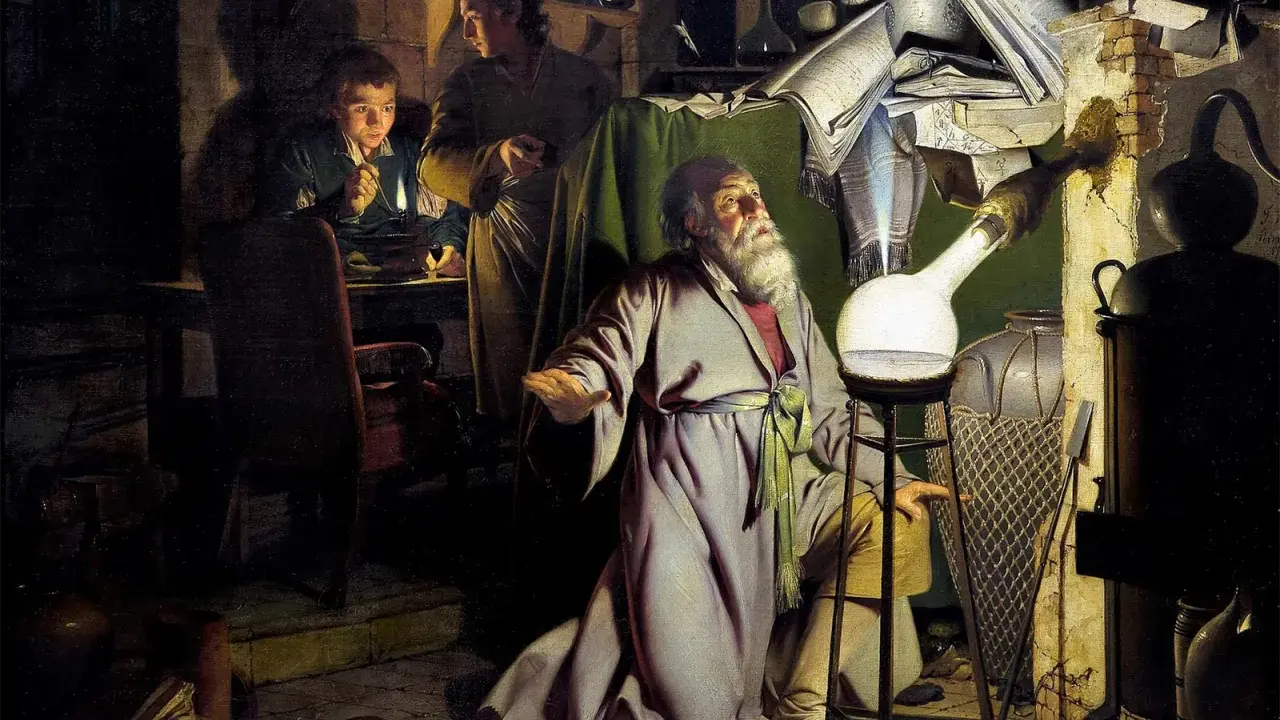 Ein Alchemist im Mittelalter, umgeben von Büchern und Geräten, beobachtet fasziniert eine glühende Flüssigkeit. Ein junger Gehilfe hält eine Kerze, während ein weiterer Mann zusieht.