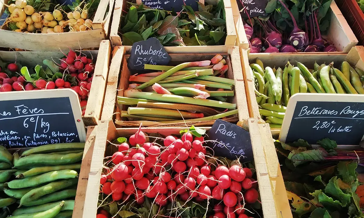 Un étal de marché débordant de légumes frais, offrant un aperçu des spécialités de Bretagne : radis, fèves, rhubarbe, navets, betteraves et choux rave.
