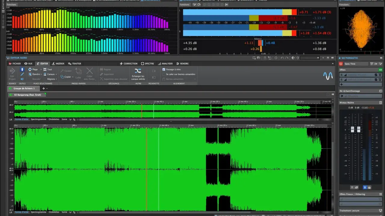 Interface de mastering audio, affichant des formes d'onde, des analyseurs de spectre et des niveaux. L'objectif est mastering son.
