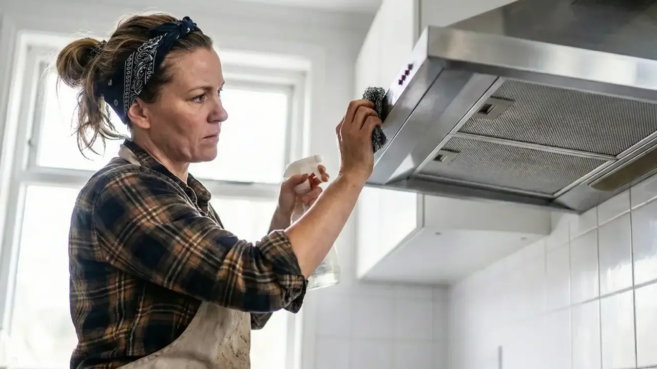 Kobieta w chustce na głowie i fartuchu czyści okap kuchenny. Pokazuje, jak wyczyścić okap z tłuszczu, używając sprayu i gąbki.