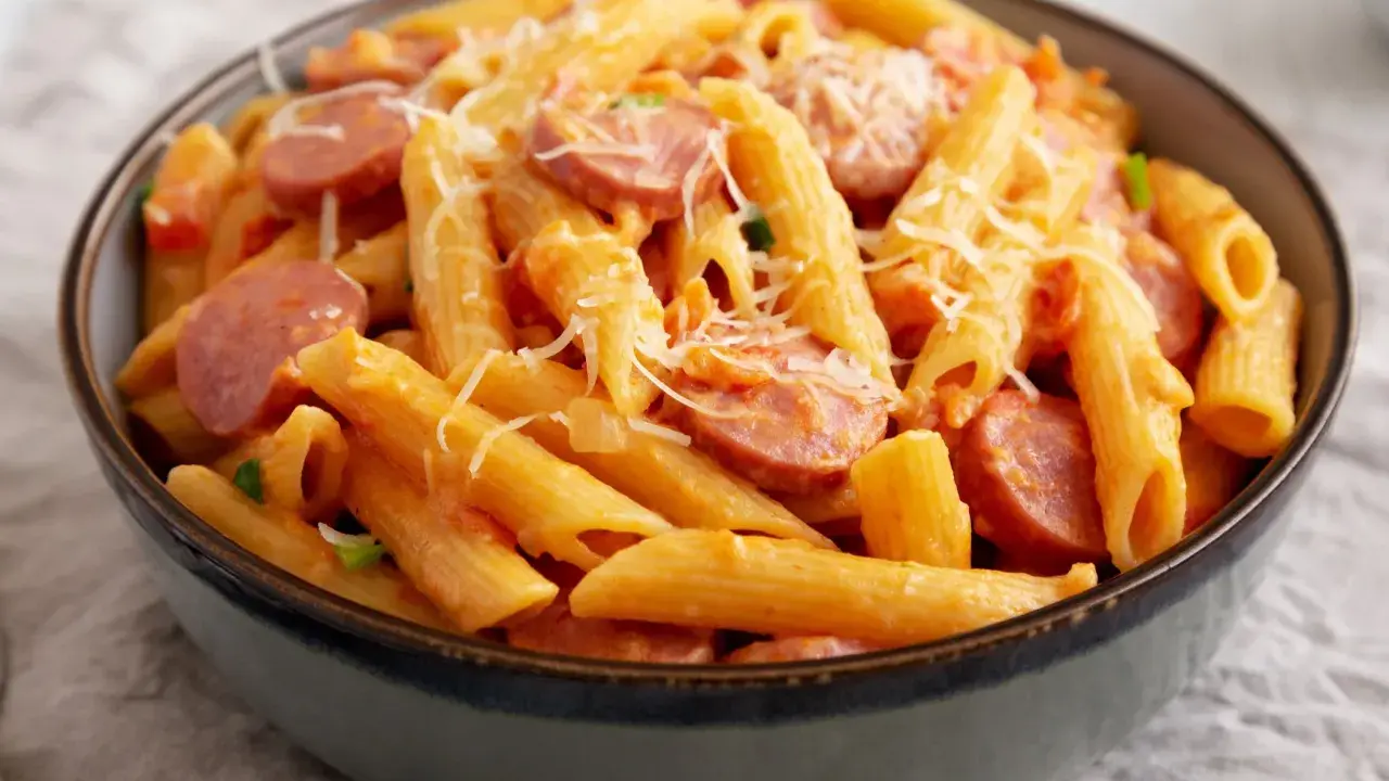 Penne z sosem pomidorowym i plasterkami kiełbasy, posypane startym parmezanem. Pyszne danie makaron z kiełbasą.