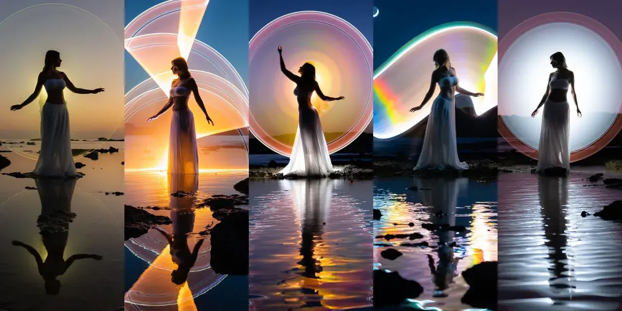 Silhouette di donna in abito bianco su sfondo di luce colorata e riflessi sull'acqua. Un'opera di light painting.