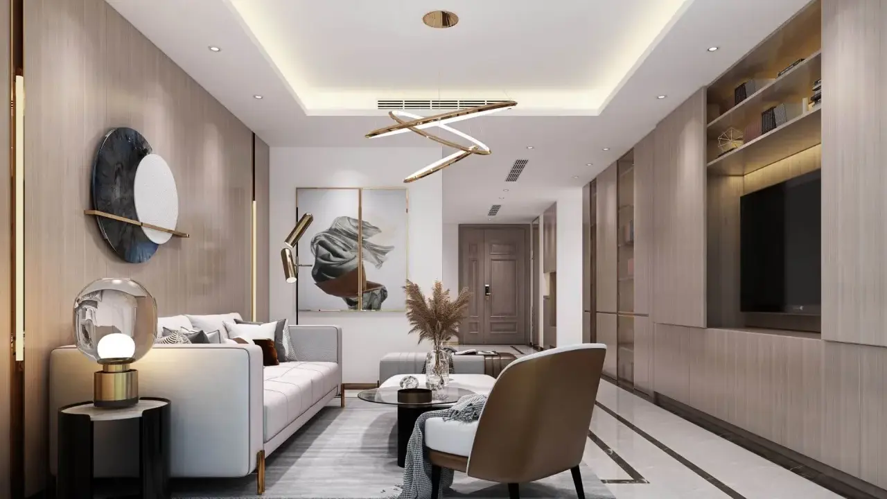 Nowoczesny sufit podwieszany w salonie z oświetleniem LED i designerską lampą. Wygodna sofa, fotel i stolik kawowy tworzą przytulną przestrzeń.