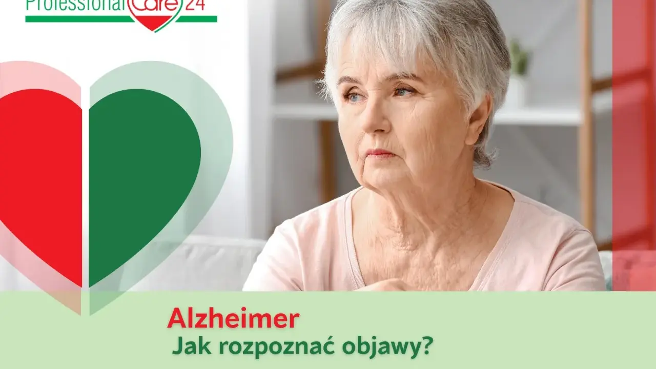 Zmartwiona starsza kobieta, symbol serca i napis "Alzheimer. Jak rozpoznać objawy?".