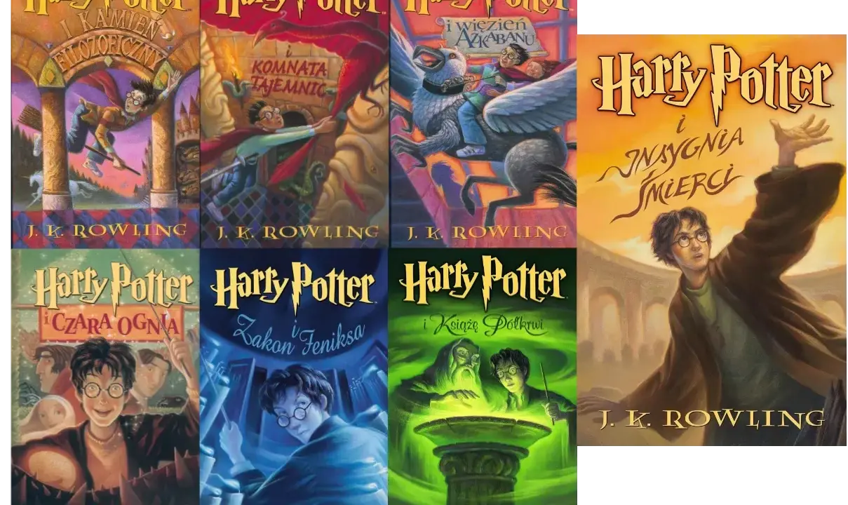 Okładki książek z uniwersum Harry'ego Pottera: Kamień Filozoficzny, Komnata Tajemnic, Więzień Azkabanu, Czara Ognia, Zakon Feniksa, Książę Półkrwi i Insygnia Śmierci.