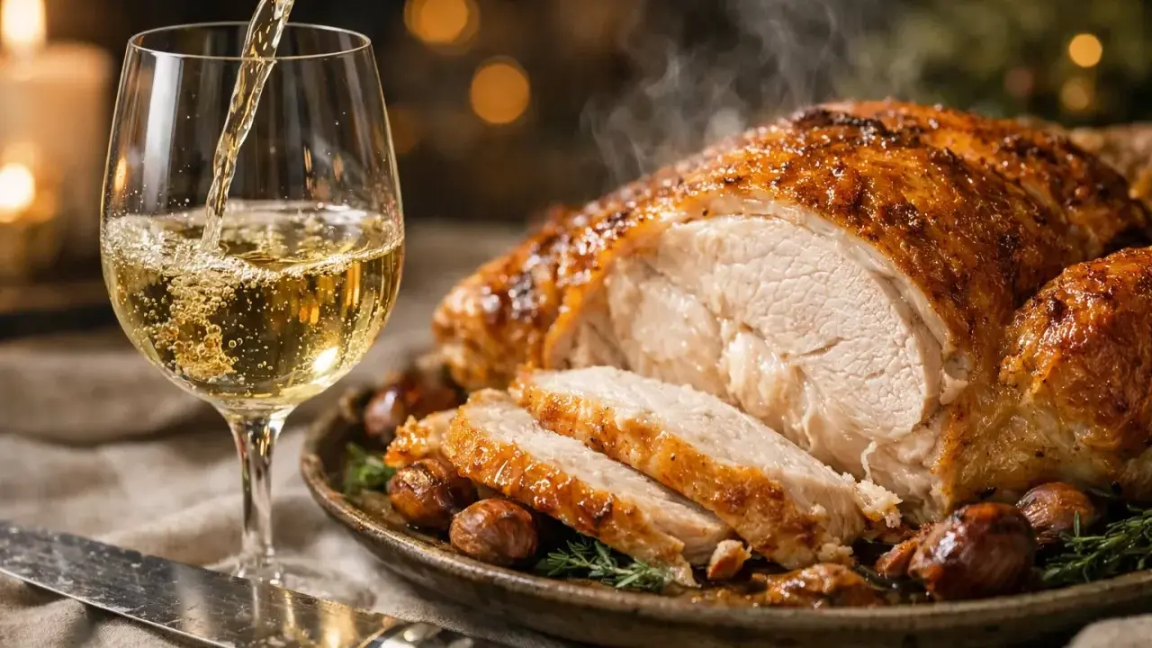 Un chapon rôti, tranché et fumant, servi avec des marrons. Un verre de vin blanc est versé, parfait pour accompagner ce plat festif. Quel vin avec du chapon ?