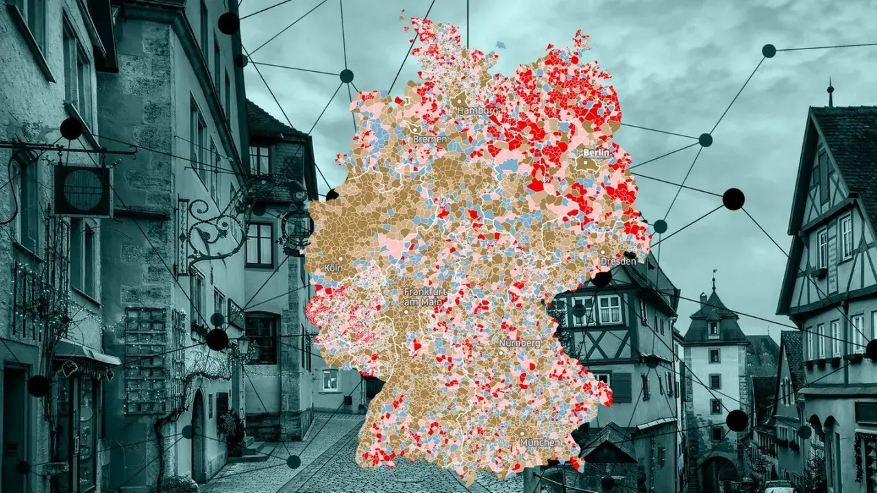 Karte Deutschlands mit farbigen Regionen, überlagert von einer historischen Gasse. Das urbane Leben wird durch die Vernetzung von Städten und Regionen dargestellt.