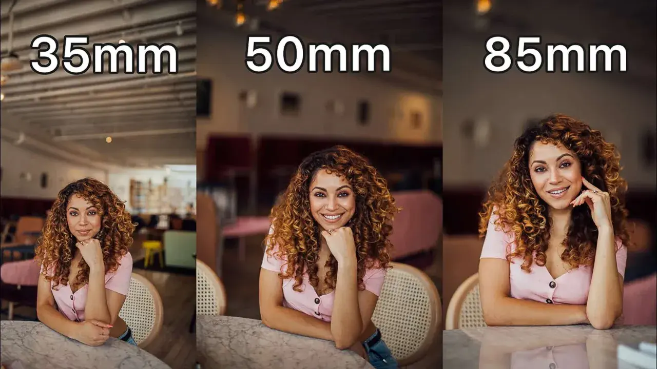 Confronto tra obiettivi 35mm, 50mm e 85mm per progetti fotografici. La modella sorride in diverse inquadrature.