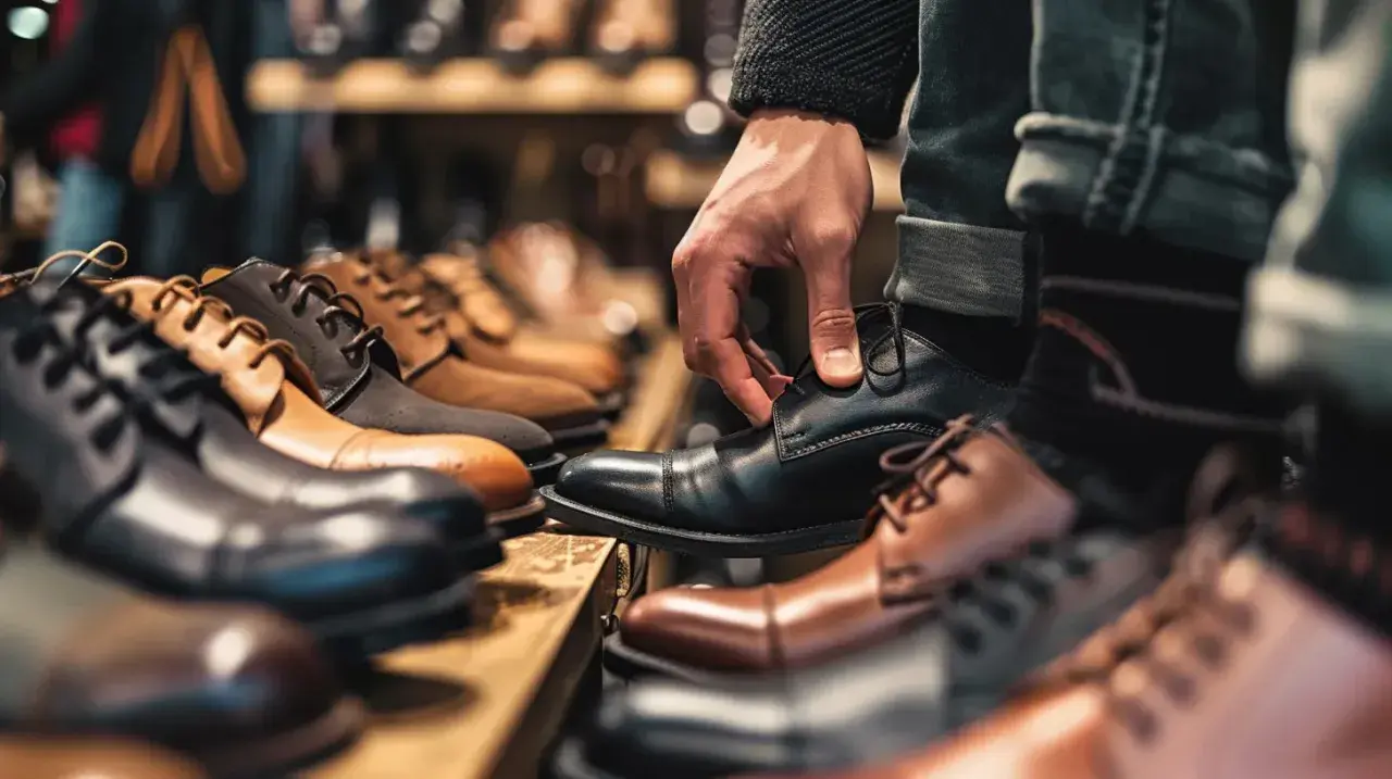 En hand justerar en svart lädersko. Flera par herrskor i olika färger och modeller visas upp i en butik. Viktigt att veta hur mycket utrymme i skor vuxen behöver.