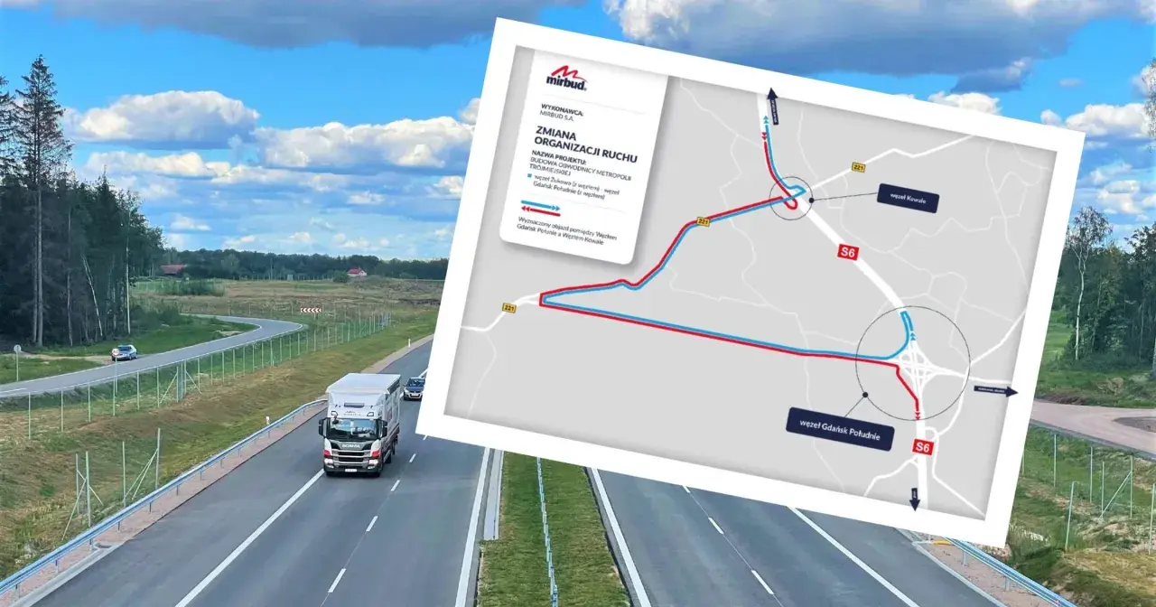 Utrudnienia na S6 dzisiaj. Mapa pokazuje objazd budowy obwodnicy metropolii trójmiejskiej. Ciężarówka i samochód jadą drogą.