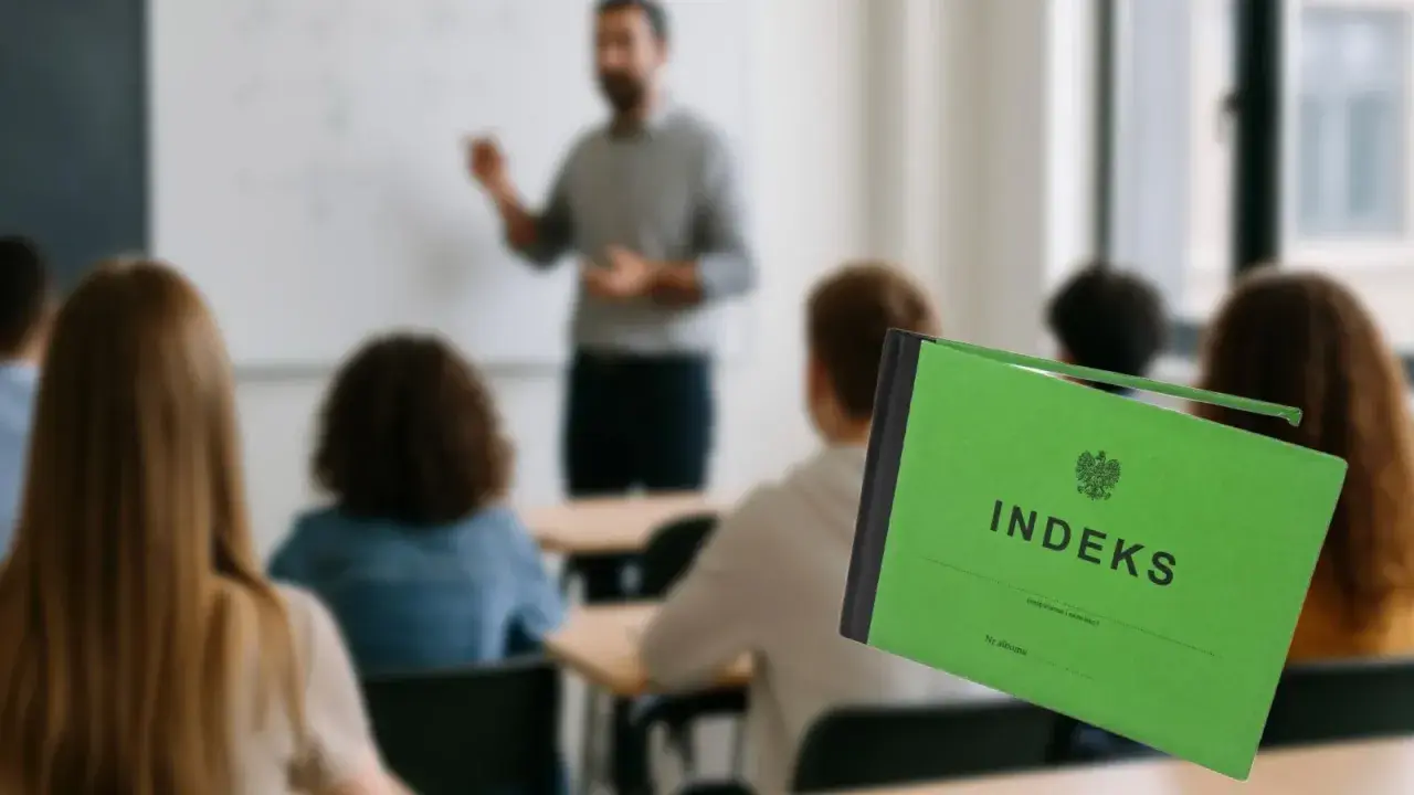 Zielony indeks na pierwszym planie, w tle sala wykładowa z nauczycielem i studentami. To symbol początku drogi do pracy po studiach.