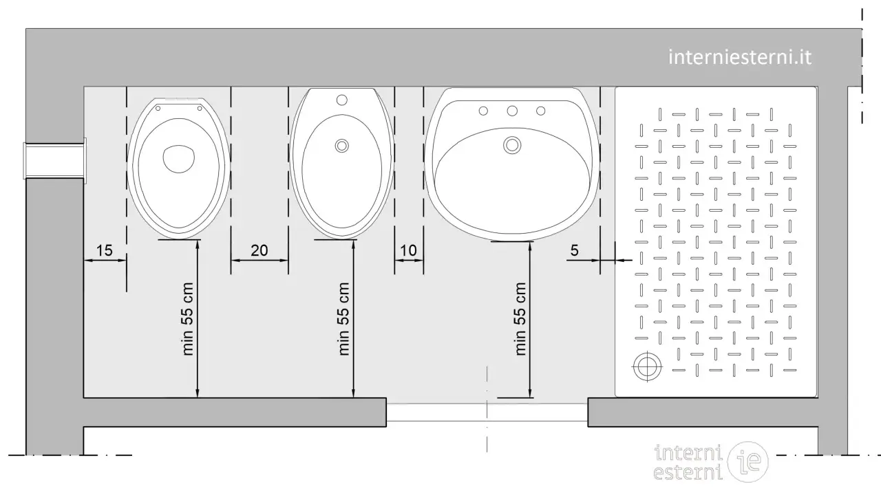 Pianta di un bagno di 4 mq con water, bidet, lavabo e piatto doccia. Misure minime per la disposizione degli elementi.