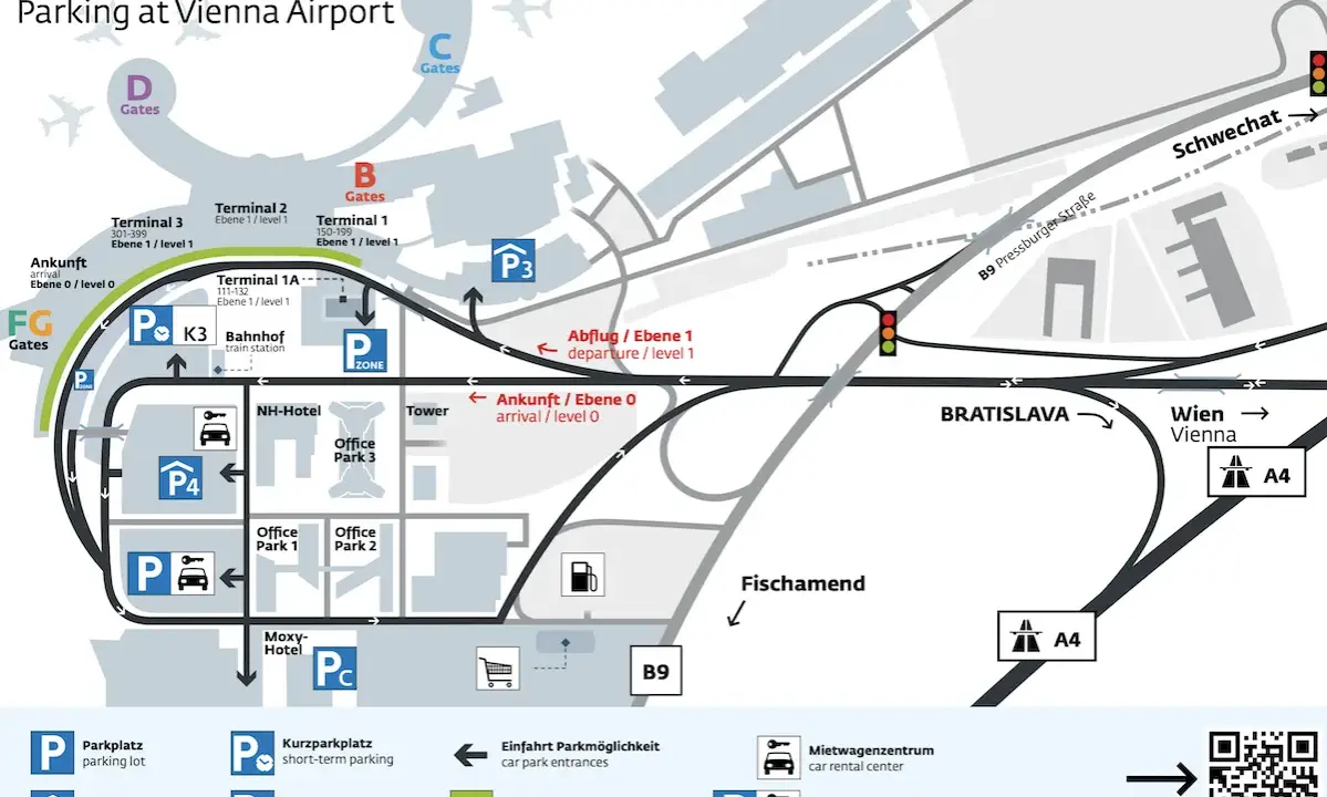 Mapa lotniska w Wiedniu z oznaczeniami parkingów, terminali i dróg. W weekend wiedeński parkowanie jest łatwe dzięki tej mapie.
