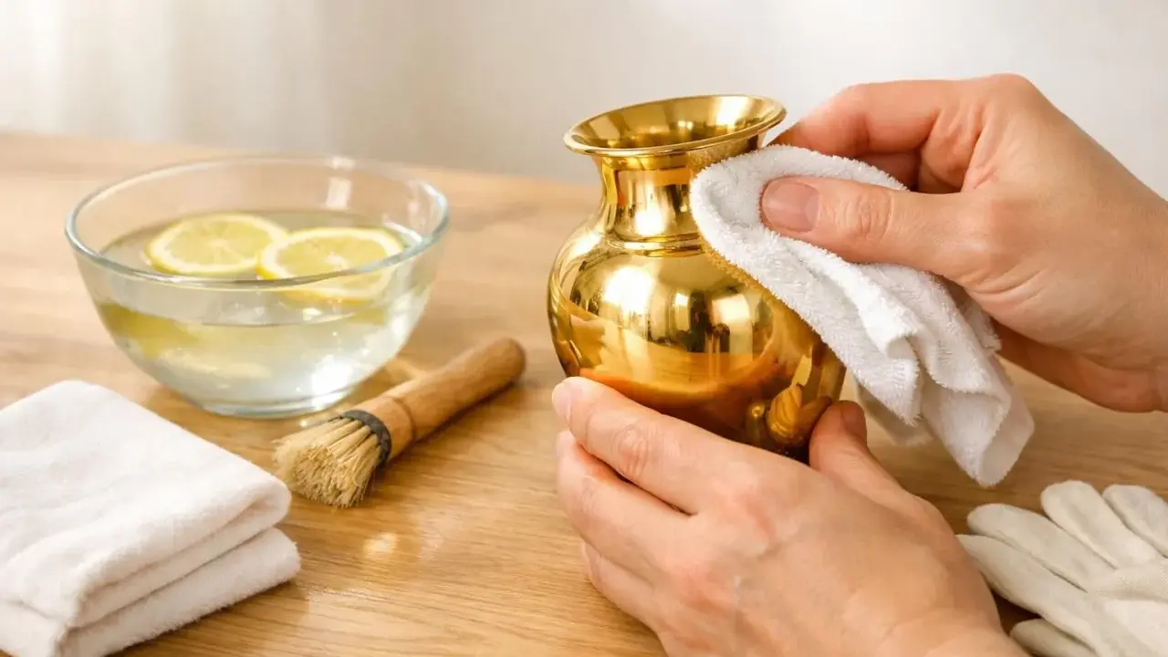 Comment nettoyer du laiton doré : une main frotte un vase doré avec un chiffon blanc. À côté, un bol d'eau citronnée, une brosse et des gants.