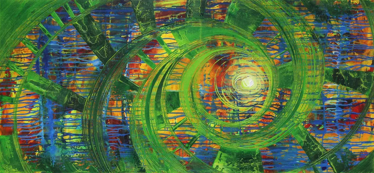 Abstrakte Kunst Epoche: Grüne Spiralen überlagern ein Mosaik aus Blau, Gelb und Rot. Ein Wirbel aus Farbe und Form.