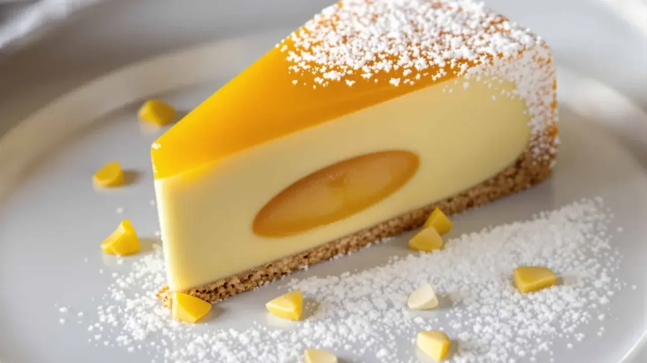 Tranche de cheesecake onctueux avec un cœur coulant et un glaçage jaune vif, saupoudrée de sucre glace. Des morceaux de fruit de la passion décorent l'assiette.