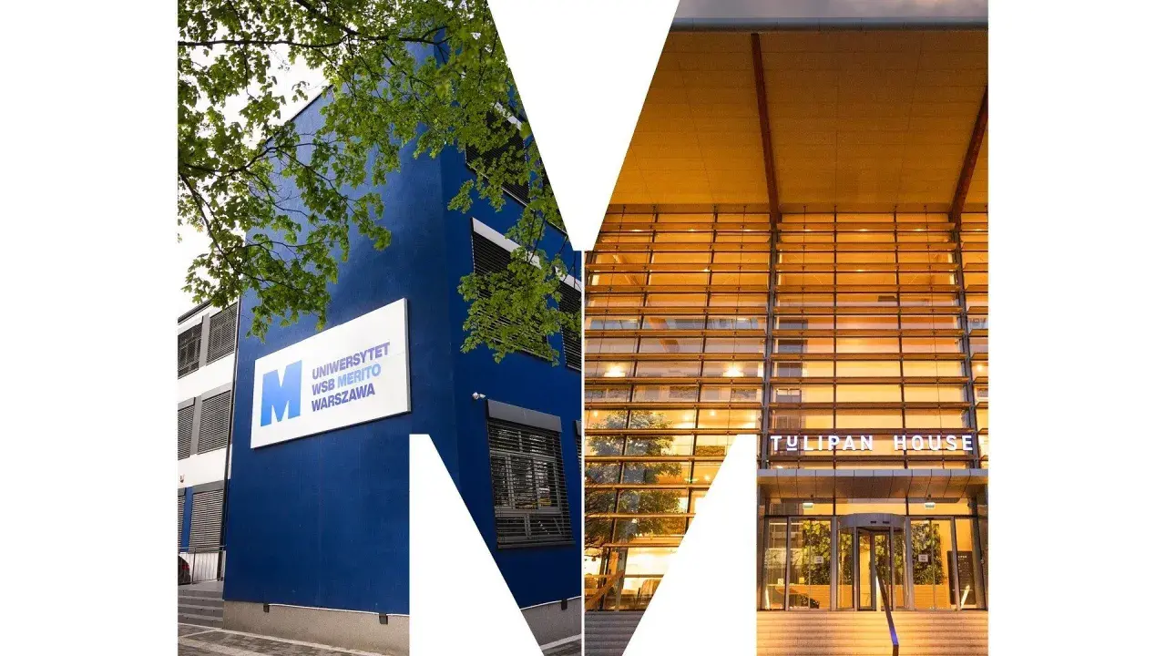 Budynek Uniwersytetu WSB Merito Warszawa, gdzie można studiować wsb finanse i rachunkowość. Obok nowoczesny Tulipan House.