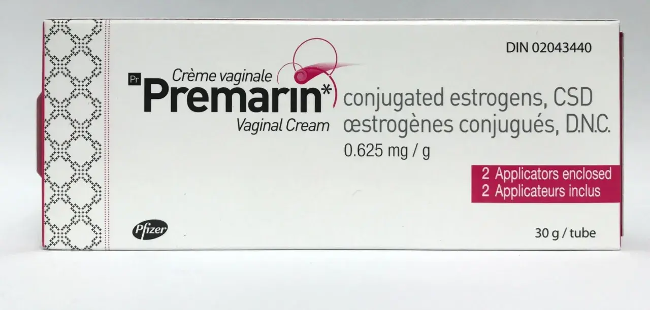 Opakowanie maści z estrogenem Premarin, krem dopochwowy 0.625 mg/g, 30 g. Zawiera 2 aplikatory.