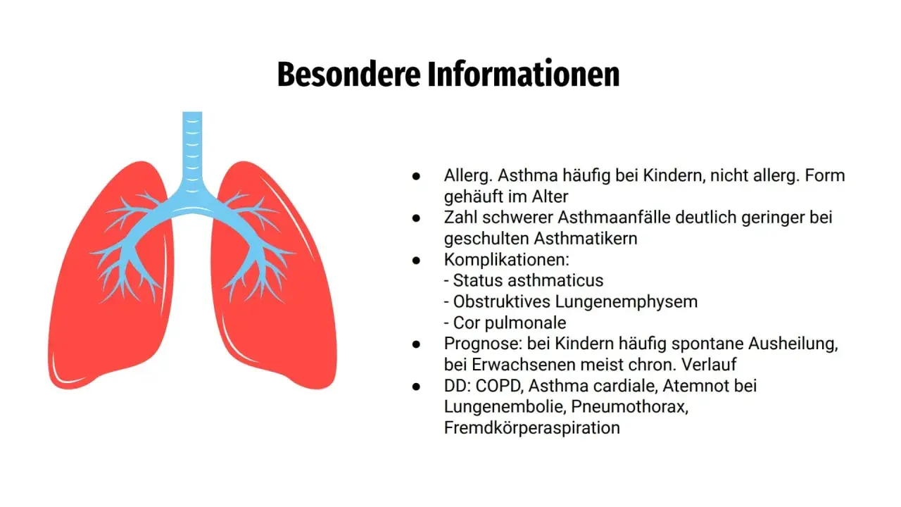 Lungenabbildung mit Informationen zu Asthma. Unterscheidung zwischen Asthma bronchiale und Asthma cardiale wird thematisiert.