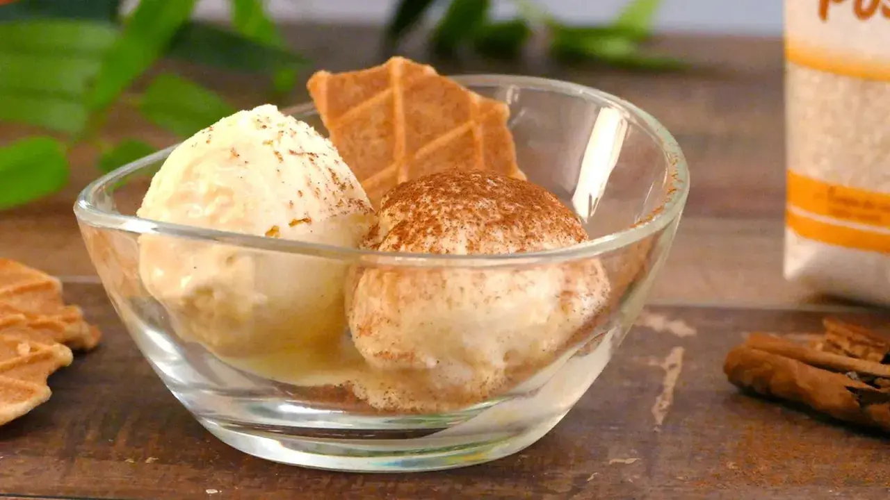 Dos bolas de helados caseros en un cuenco de cristal, espolvoreados con canela y acompañados de galletas.