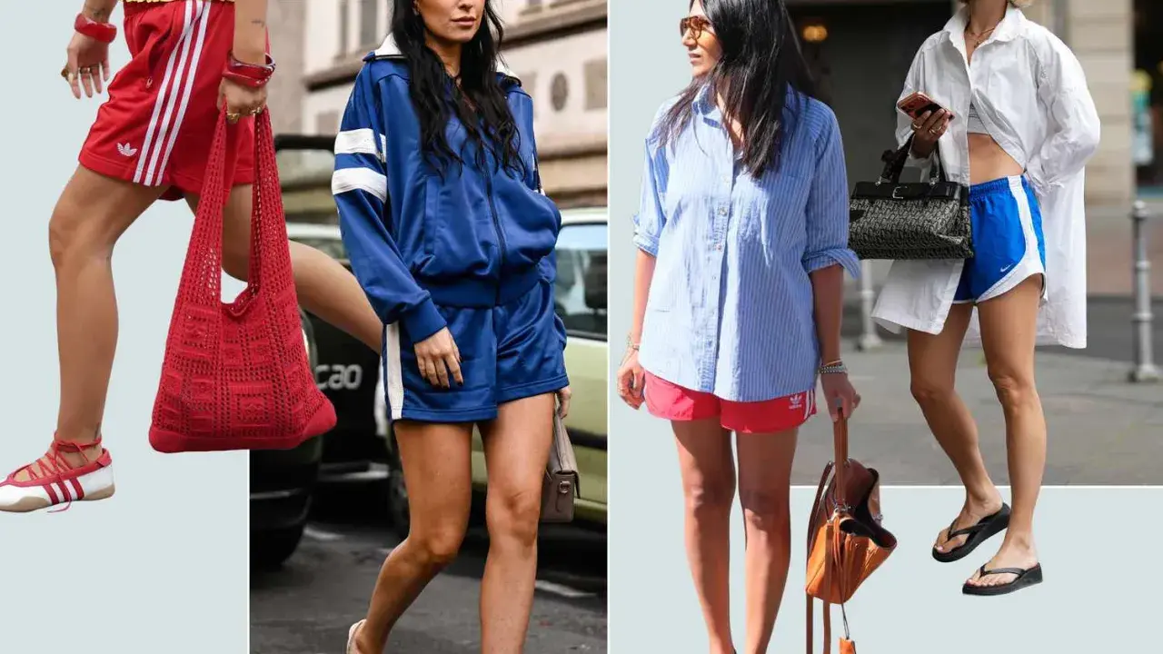 Four women showcase their sporty style in Adidas shorts and athletic-inspired outfits, blending comfort with fashion.