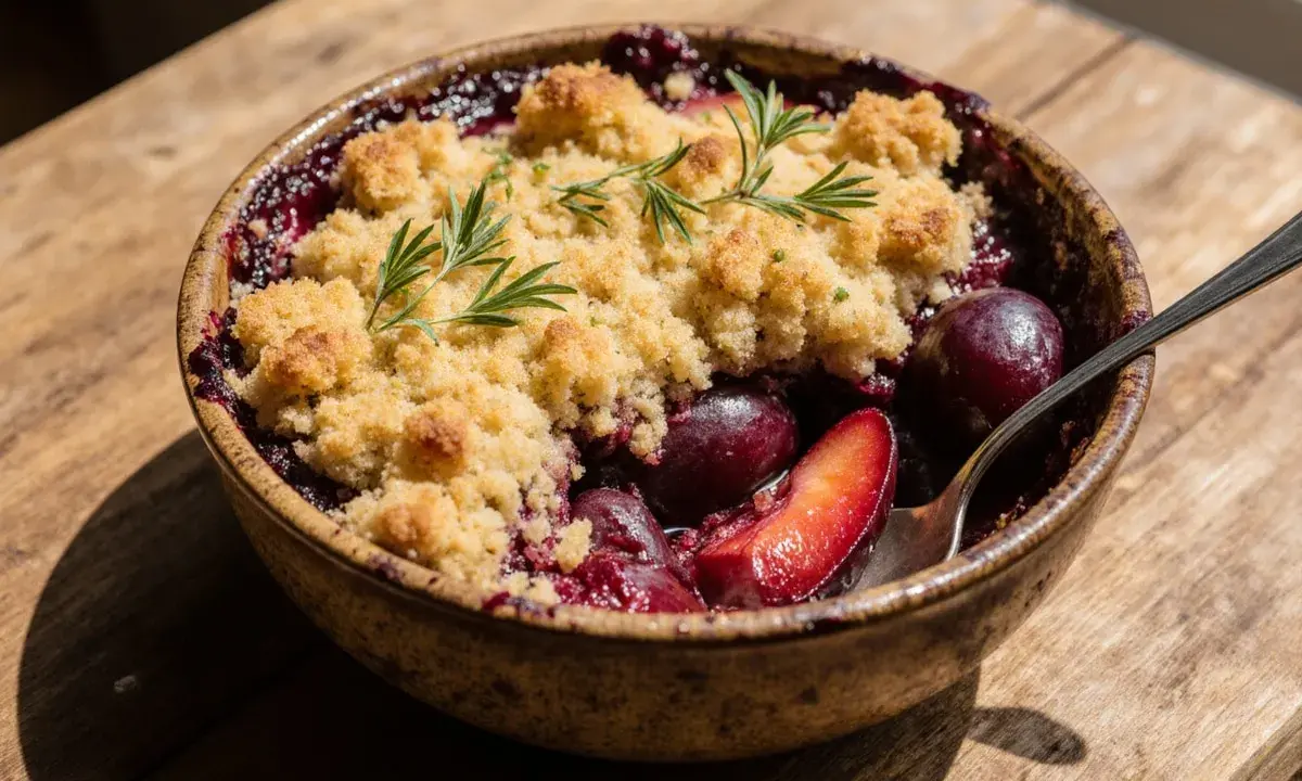 Ein gesunder Zwetschgen Crumble mit Rosmarin, serviert in einer rustikalen Schale auf Holz.