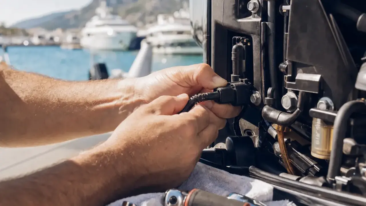 Réparation d'un panne moteur électrique sur un bateau, avec des yachts en arrière-plan.