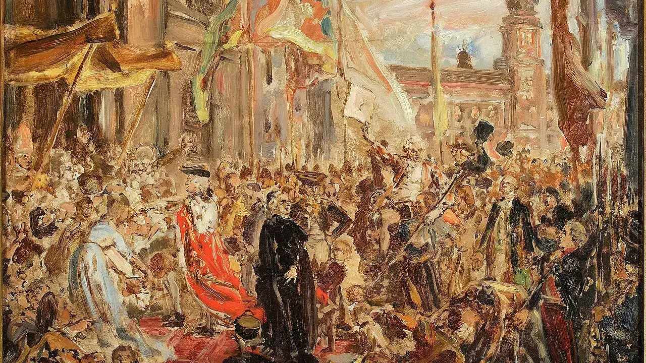 Obraz Matejki: tłum ludzi, postacie w strojach historycznych, flagi, budynek w tle.