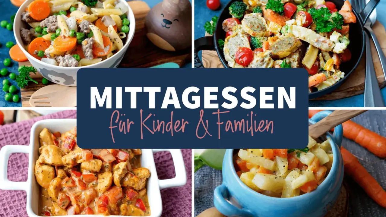 Vier leckere und gesunde Kindergerichte: Nudeln mit Hackfleisch, Gemüsepfanne, Hähnchen-Curry und Kartoffel-Gemüse-Eintopf.