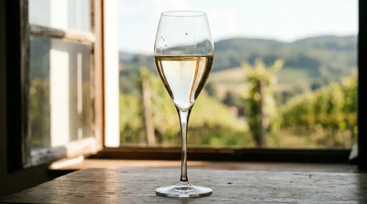 Ein Glas Champagner steht auf einem Holztisch vor einem Fenster mit Blick auf Weinberge. Der Alkoholgehalt von Champagner liegt typischerweise bei 12%.