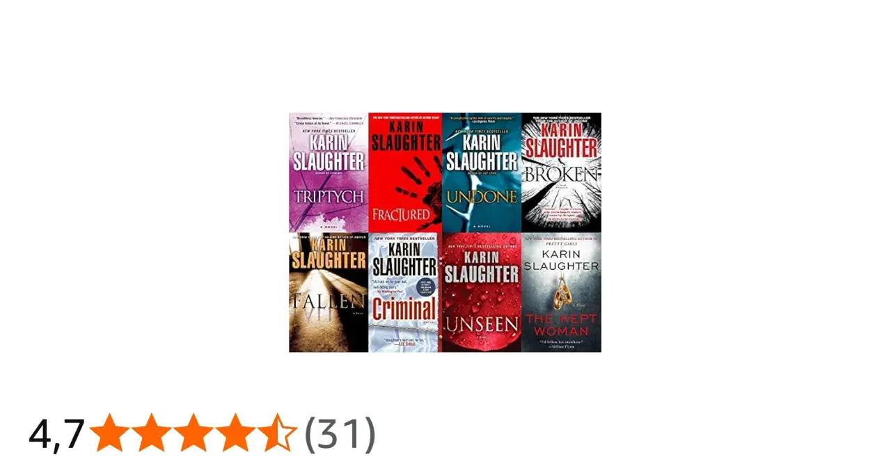 Copertine di libri di Karin Slaughter, tra cui "Triptych", "Fractured", "Undone", "Broken", "Fallen", "Criminal", "Unseen" e "The Kept Woman", disposti in ordine cronologico.