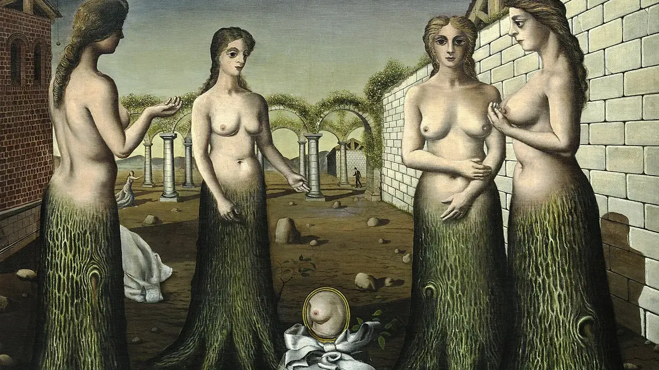 Four surreal figures, reminiscent of Paul Delvaux paintings, stand in a dreamlike landscape. Their lower bodies transform into tree trunks, their upper bodies bare.