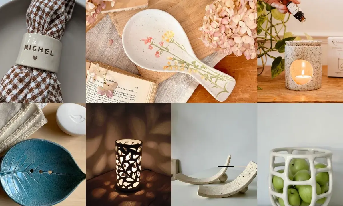 Objets artisanaux en argile : porte-serviette personnalisé, cuillère décorée, diffuseur, porte-savon feuille, lampe ajourée, repose-baguettes, panier à fruits. Une belle idée argile.