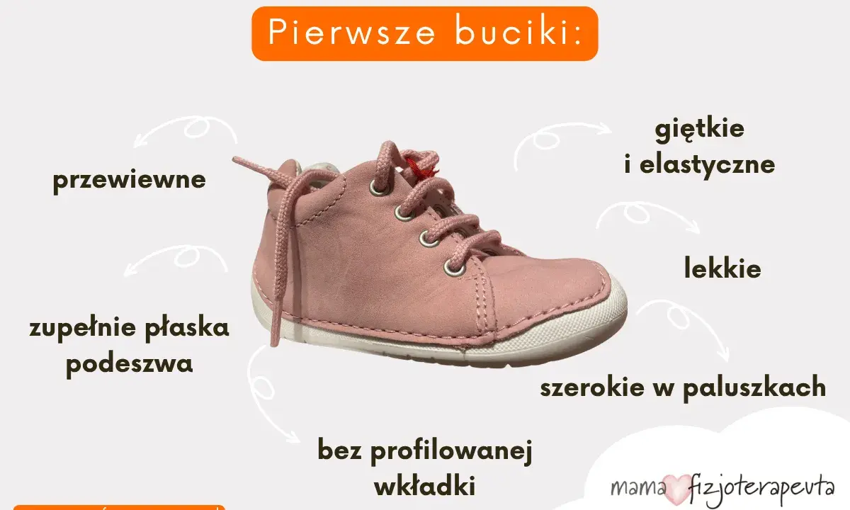 Różowe, pierwsze buciki dla dziewczynki: przewiewne, lekkie, szerokie w paluszkach, z płaską podeszwą i bez profilowanej wkładki.