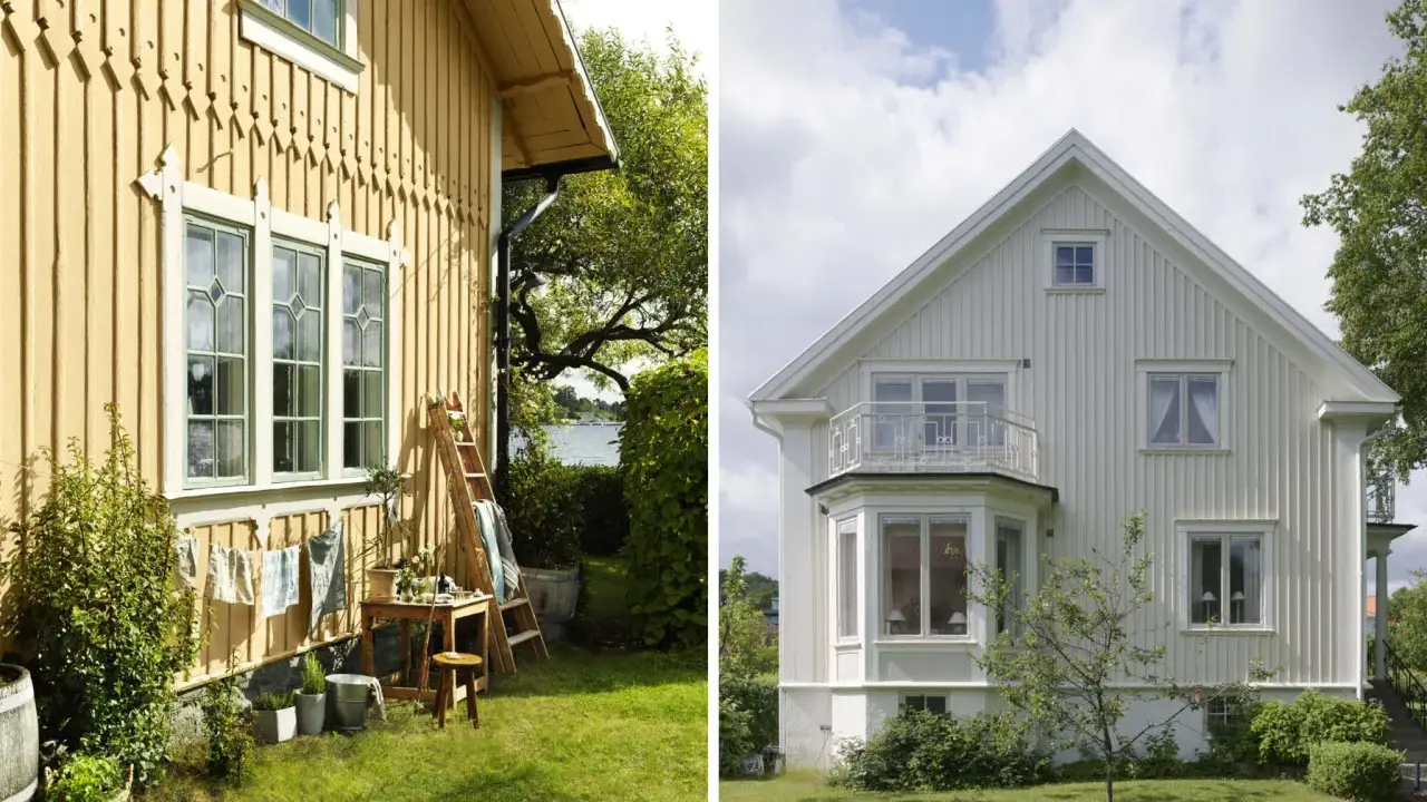 Gula och vita hus, redo att måla hus. Trädgårdsmöbler och tvättlinor vid det gula huset.