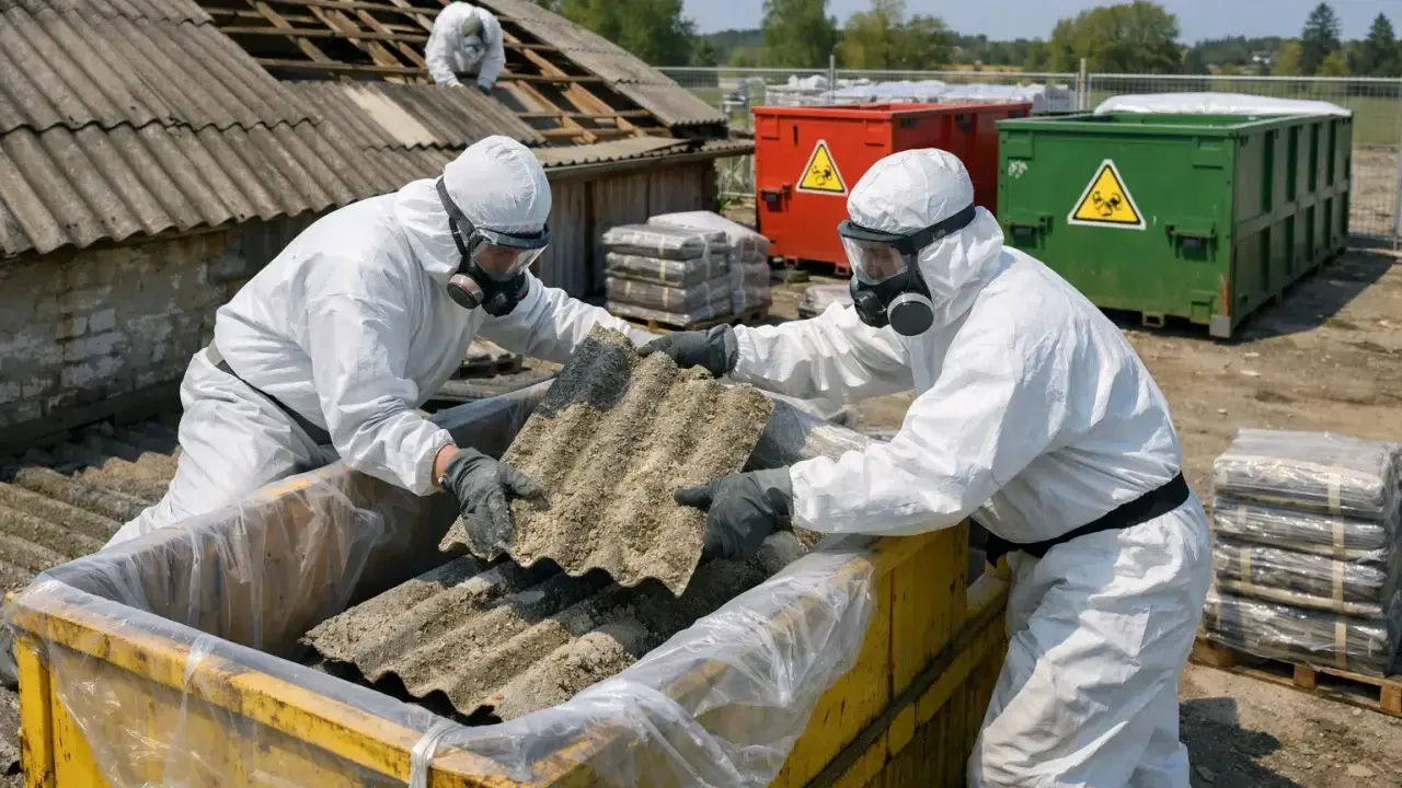Osoby w kombinezonach ochronnych usuwają eternit, materiał zawierający azbest. Co to jest azbest? To niebezpieczny materiał budowlany.