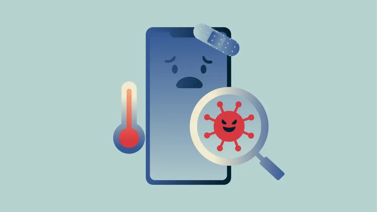 Trauriges Handy mit Pflaster und Fieberthermometer. Ein böser Virus wird unter dem Vergrößerungsglas entdeckt.