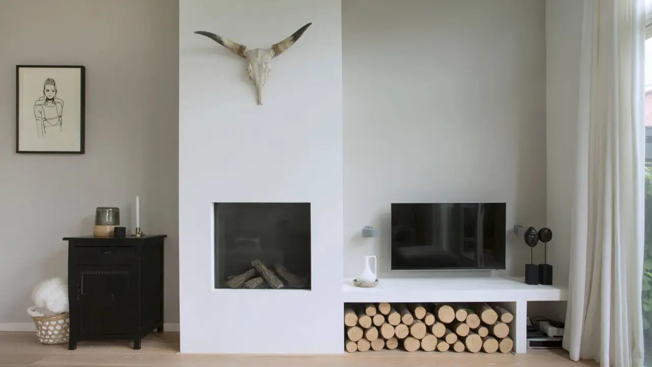 Un salon moderne avec une cheminée blanche épurée, un crâne de taureau, du bois de chauffage et une télévision. Un avant-après réussi pour relooker une cheminée.