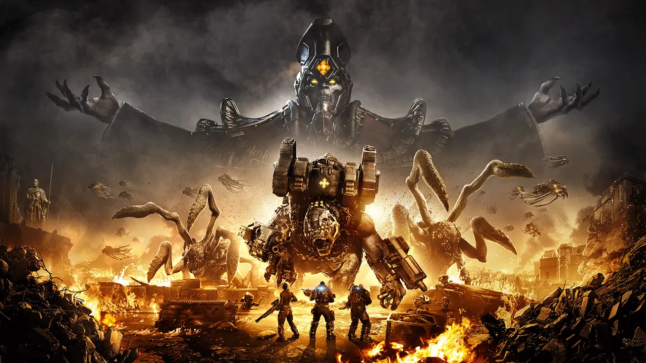 Żołnierze w zniszczonym mieście, przygotowują się do walki z potworami i gigantycznym robotem. W tle czai się złowrogi władca. To gra o przetrwanie i **gears tactics**.