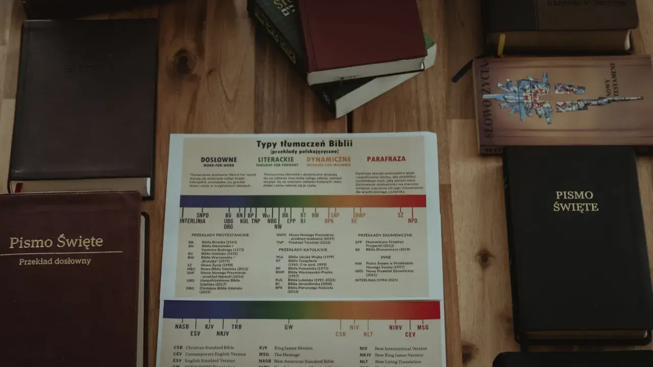 Na stole leżą różne wydania Pisma Świętego, w tym Przekład Dosłowny. Obok znajduje się schemat typów tłumaczeń Biblii, tj. skrót.