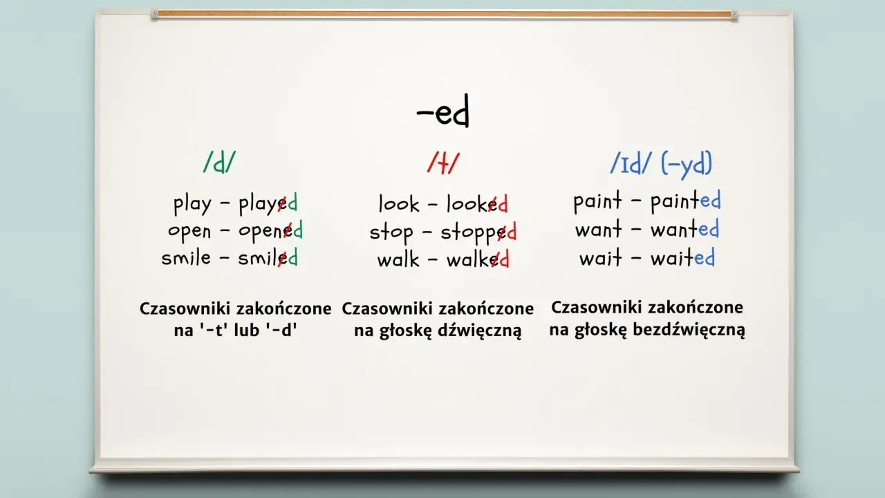 Jak się tworzy past simple: przyrostek -ed z różnymi wymowami /d/, /t/, /id/.