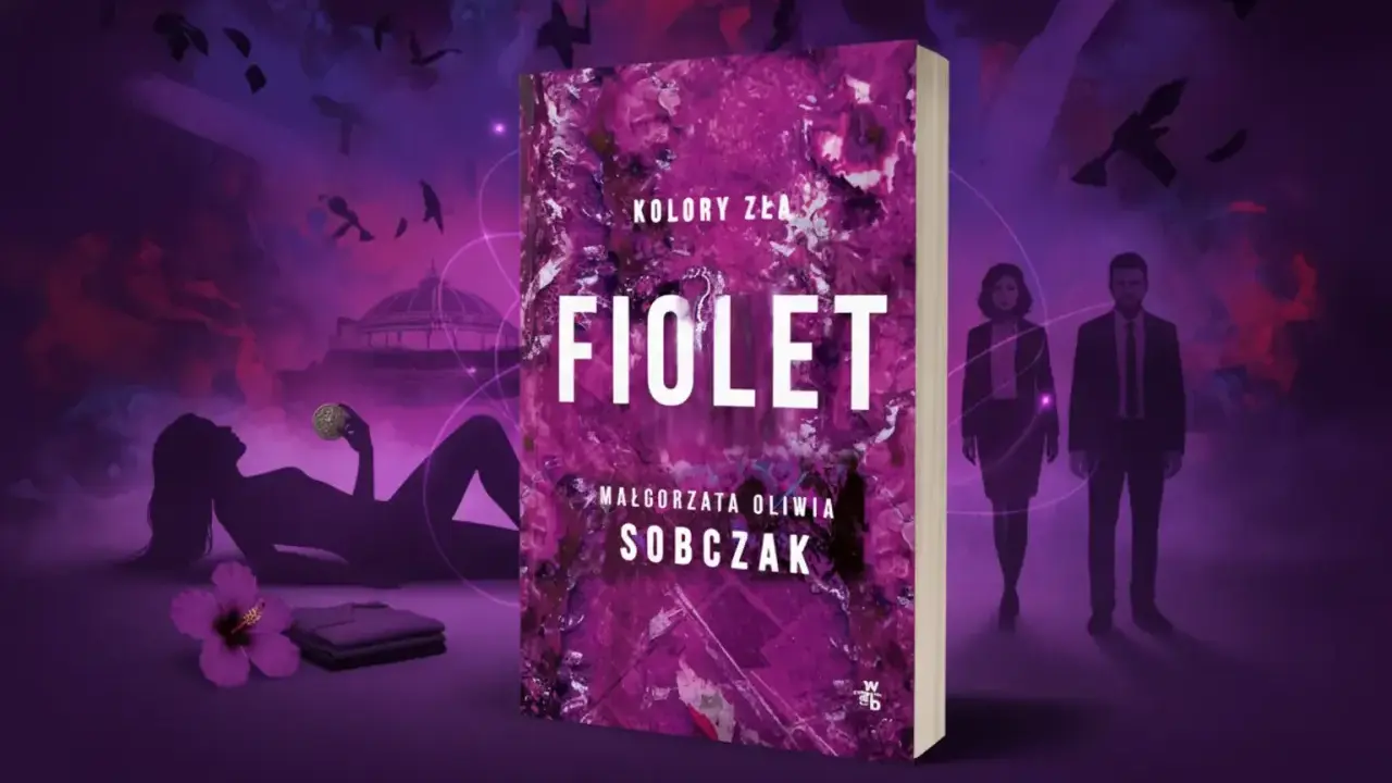 Okładka książki "Fiolet" Małgorzaty Olivii Sobczak. Tajemnicze postacie i mroczne kolory zła kolejność tworzą atmosferę intrygi.