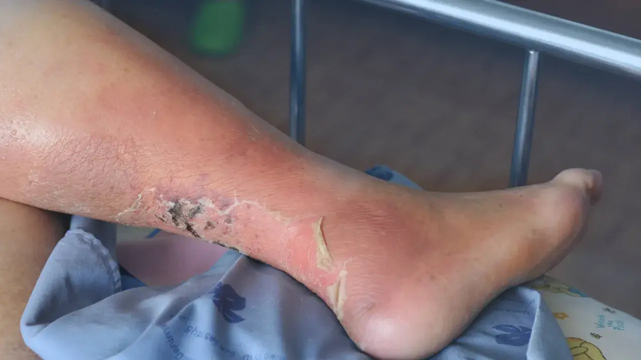 Gamba con arrossamento, desquamazione e lesioni cutanee, possibili sintomi di ulcera alle gambe.