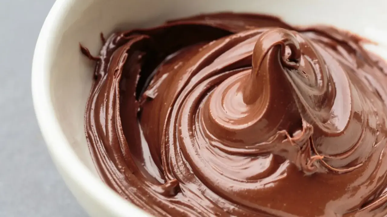 Cremige Schokoladencreme in einer weißen Schüssel. Ein Traum für alle, die Nutella selber machen gesund wollen.