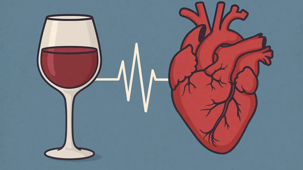 Kieliszek wina połączony linią EKG z sercem. Ilustracja symbolizuje związek między alkoholem a niewydolnością serca.